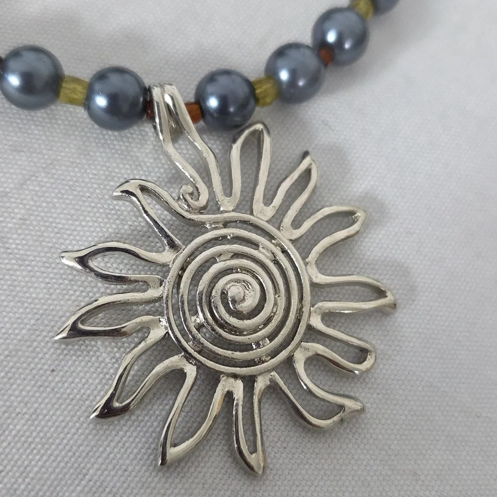 Natural Stone Hematite Necklace with Sun Pendant and Earrings Set